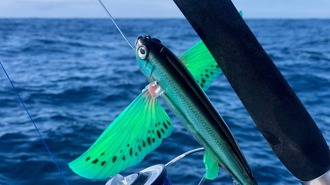 5pcs 8 inch Flying Fish Unrigged Blue Pearl Fishing Flyer Mahi Tuna Wahoo  Soft Lures with 3D Eyes
